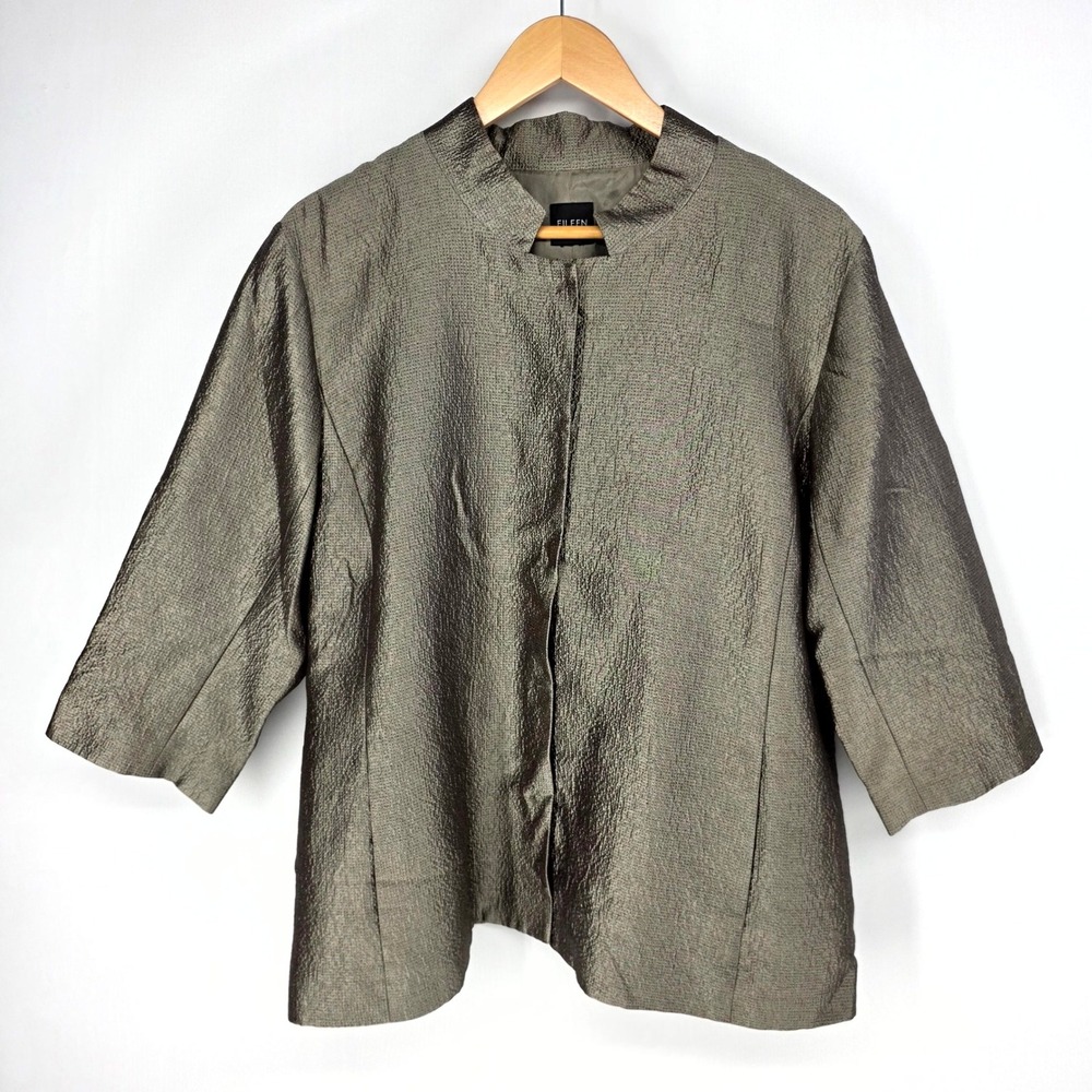 Eileen Fisher Silk Jacket Womens M/L Bronze Metallic Open Front Mandarin Collar